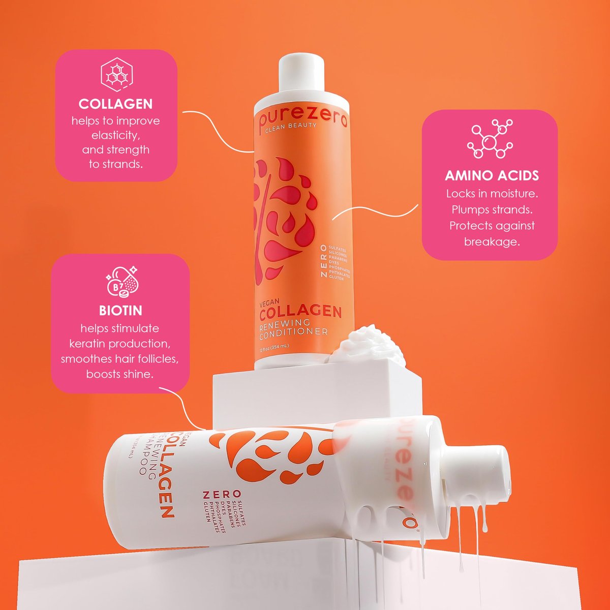 Purezero Collagen Silicone Free Shampoo & Conditioner Set - Strengthening & Hydrating for Dry or Damaged Hair - Plant-Based Collagen, Sulfate-Free, Paraben-Free, Cruelty-Free, 2 × 12 oz Avelisse
