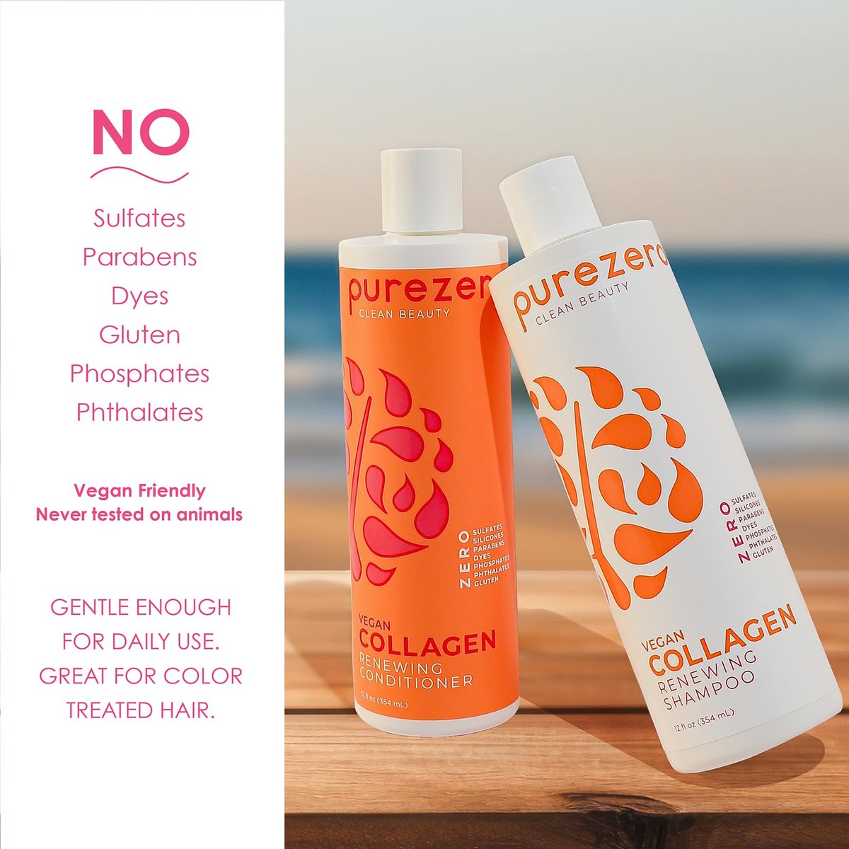 Purezero Collagen Silicone Free Shampoo & Conditioner Set - Strengthening & Hydrating for Dry or Damaged Hair - Plant-Based Collagen, Sulfate-Free, Paraben-Free, Cruelty-Free, 2 × 12 oz Avelisse