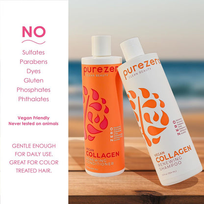Purezero Collagen Silicone Free Shampoo & Conditioner Set - Strengthening & Hydrating for Dry or Damaged Hair - Plant-Based Collagen, Sulfate-Free, Paraben-Free, Cruelty-Free, 2 × 12 oz Avelisse