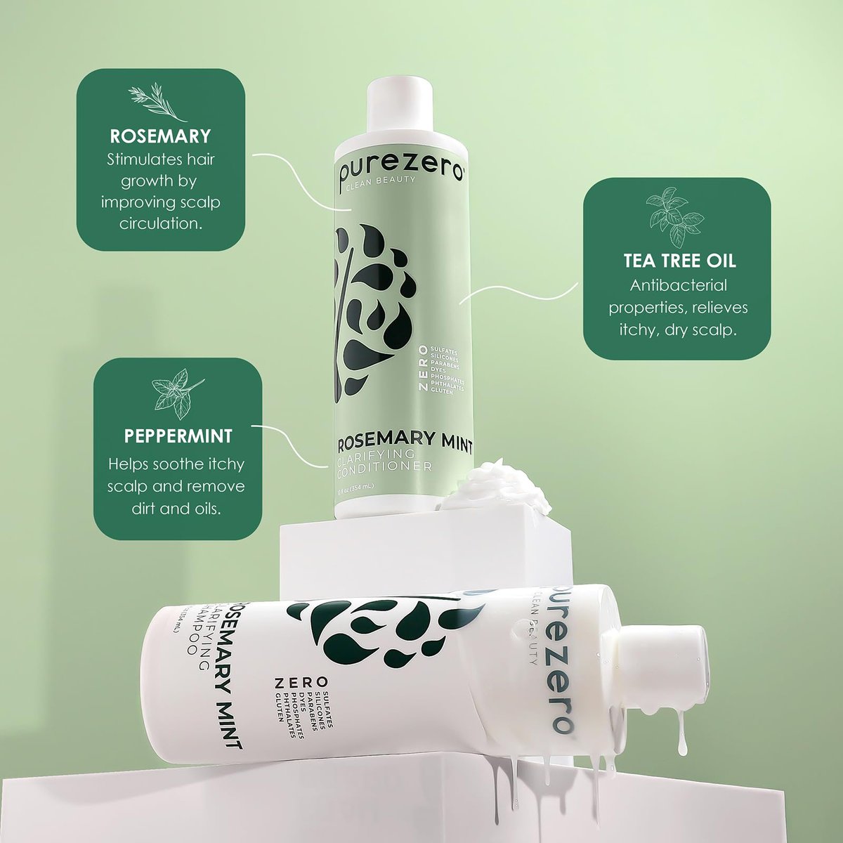Purezero Rosemary Mint Clarifying Shampoo and Conditioner Set – Sulfate-Free, Silicone-Free, Vegan, 2×12 oz Avelisse