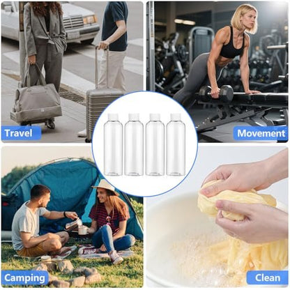 AskBed 4 Pack 3.4 Oz (100ml) Clear Plastic Shot Bottles with Caps - Travel Bottles for Health, Immunity, Wellness, Samples - Perfect for Ginger Juice & Personal Care on the Go