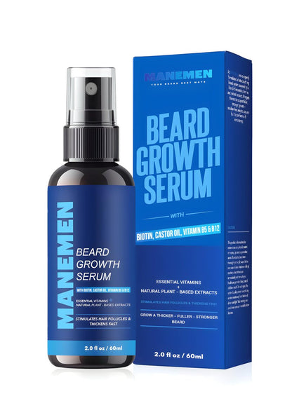 Manemen Beard Growth Serum Spray - Biotin, Castor Oil, Vitamin B5 & B12 - Natural Hair Regrowth Formula for Thicker, Fuller, Stronger Beard Avelisse