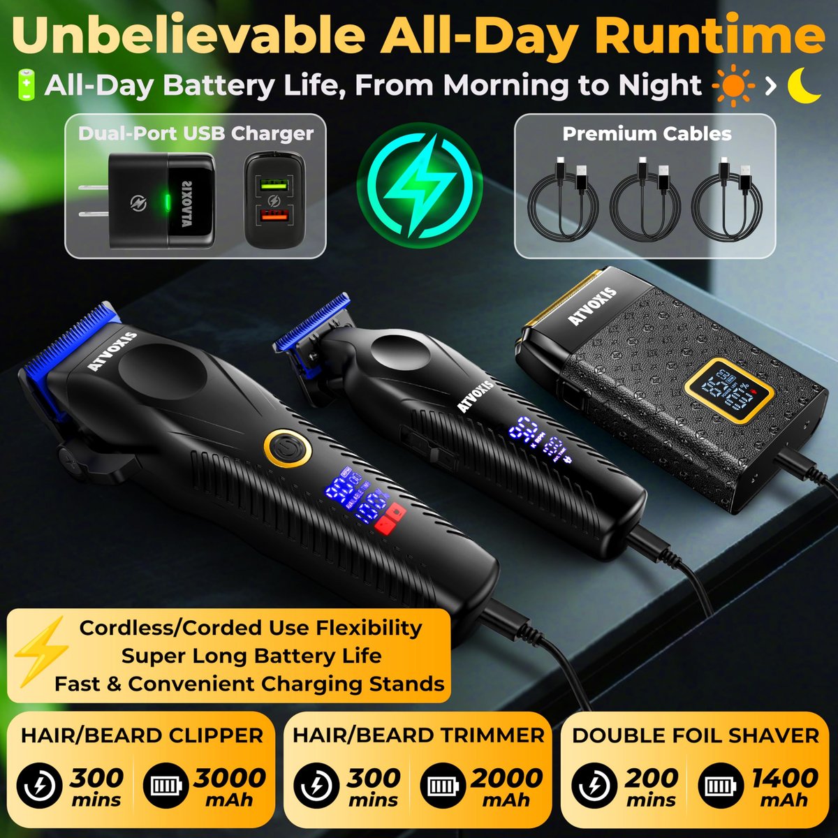 ATVOXIS 9000 RPM Brushless Motor Professional Hair Clippers Set for Men - Cordless Clippers & Zero Gap Trimmers with DLC Blades, LED Display, Fast Charging Stands, Travel Pouch (Jet Black) Avelisse