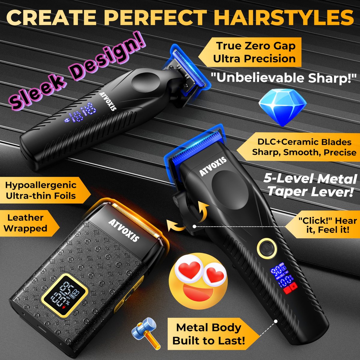ATVOXIS 9000 RPM Brushless Motor Professional Hair Clippers Set for Men - Cordless Clippers & Zero Gap Trimmers with DLC Blades, LED Display, Fast Charging Stands, Travel Pouch (Jet Black) Avelisse