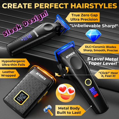 ATVOXIS 9000 RPM Brushless Motor Professional Hair Clippers Set for Men - Cordless Clippers & Zero Gap Trimmers with DLC Blades, LED Display, Fast Charging Stands, Travel Pouch (Jet Black) Avelisse