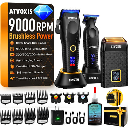 ATVOXIS 9000 RPM Brushless Motor Professional Hair Clippers Set for Men - Cordless Clippers & Zero Gap Trimmers with DLC Blades, LED Display, Fast Charging Stands, Travel Pouch (Jet Black) Avelisse