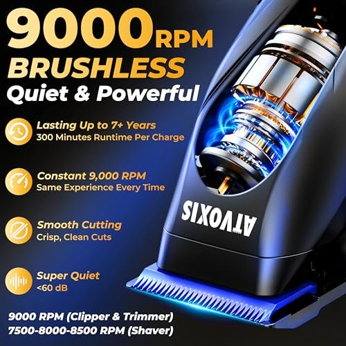 ATVOXIS 9000 RPM Brushless Motor Professional Hair Clippers Set for Men - Cordless Clippers & Zero Gap Trimmers with DLC Blades, LED Display, Fast Charging Stands, Travel Pouch (Jet Black) Avelisse