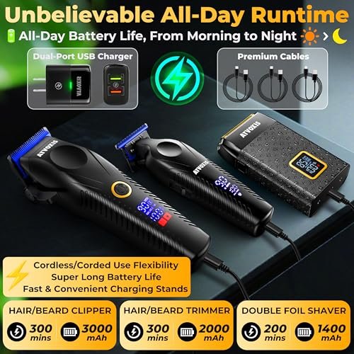 ATVOXIS 9000 RPM Brushless Motor Professional Hair Clippers Set for Men - Cordless Clippers & Zero Gap Trimmers with DLC Blades, LED Display, Fast Charging Stands, Travel Pouch (Jet Black) Avelisse