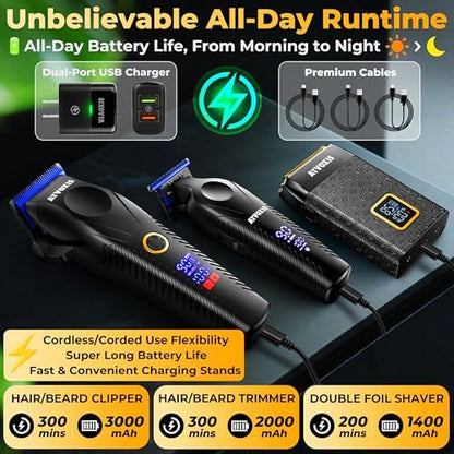 ATVOXIS 9000 RPM Brushless Motor Professional Hair Clippers Set for Men - Cordless Clippers & Zero Gap Trimmers with DLC Blades, LED Display, Fast Charging Stands, Travel Pouch (Jet Black) Avelisse