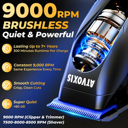 ATVOXIS 9000 RPM Brushless Motor Professional Hair Clippers Set for Men - Cordless Clippers & Zero Gap Trimmers with DLC Blades, LED Display, Fast Charging Stands, Travel Pouch (Jet Black) Avelisse