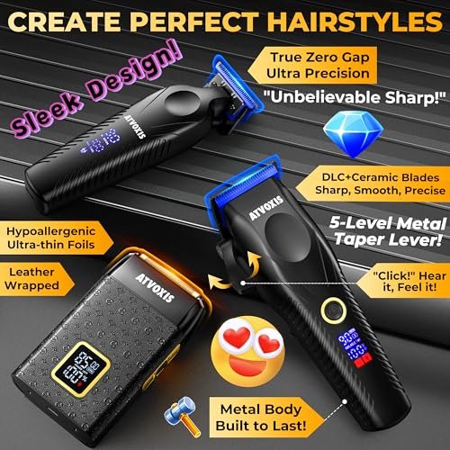 ATVOXIS 9000 RPM Brushless Motor Professional Hair Clippers Set for Men - Cordless Clippers & Zero Gap Trimmers with DLC Blades, LED Display, Fast Charging Stands, Travel Pouch (Jet Black) Avelisse