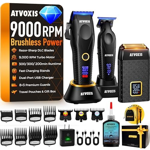 ATVOXIS 9000 RPM Brushless Motor Professional Hair Clippers Set for Men - Cordless Clippers & Zero Gap Trimmers with DLC Blades, LED Display, Fast Charging Stands, Travel Pouch (Jet Black) Avelisse