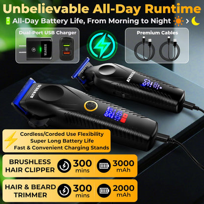 ATVOXIS 9000 RPM Brushless Motor Professional Hair Clippers Set for Men - Cordless Clippers & Zero Gap Trimmers with DLC Blades LED Display Fast Charging Stands Travel Pouch Avelisse