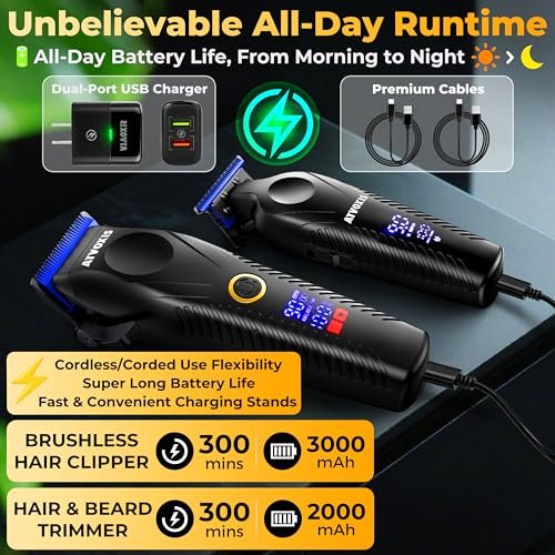 ATVOXIS 9000 RPM Brushless Motor Professional Hair Clippers Set for Men - Cordless Clippers & Zero Gap Trimmers with DLC Blades LED Display Fast Charging Stands Travel Pouch Avelisse