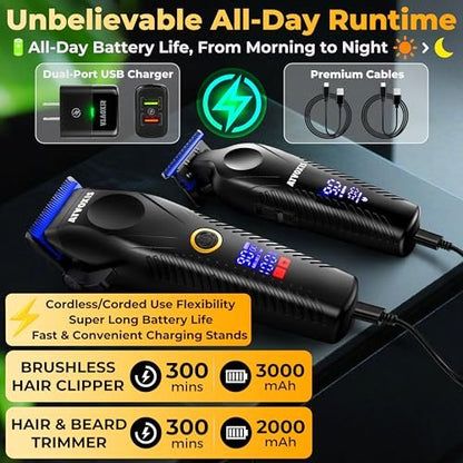 ATVOXIS 9000 RPM Brushless Motor Professional Hair Clippers Set for Men - Cordless Clippers & Zero Gap Trimmers with DLC Blades LED Display Fast Charging Stands Travel Pouch Avelisse