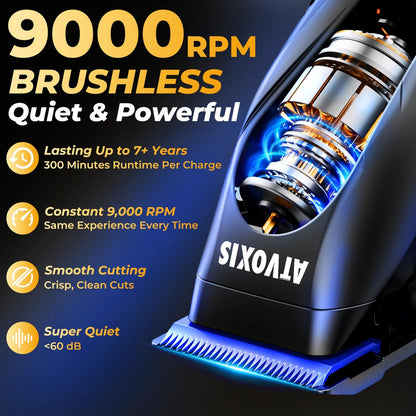 ATVOXIS 9000 RPM Brushless Motor Professional Hair Clippers Set for Men - Cordless Clippers & Zero Gap Trimmers with DLC Blades LED Display Fast Charging Stands Travel Pouch Avelisse