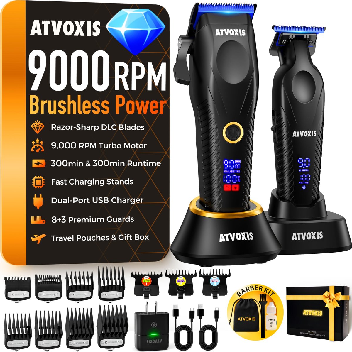 ATVOXIS 9000 RPM Brushless Motor Professional Hair Clippers Set for Men - Cordless Clippers & Zero Gap Trimmers with DLC Blades LED Display Fast Charging Stands Travel Pouch Avelisse
