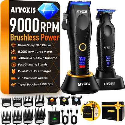 ATVOXIS 9000 RPM Brushless Motor Professional Hair Clippers Set for Men - Cordless Clippers & Zero Gap Trimmers with DLC Blades LED Display Fast Charging Stands Travel Pouch Avelisse