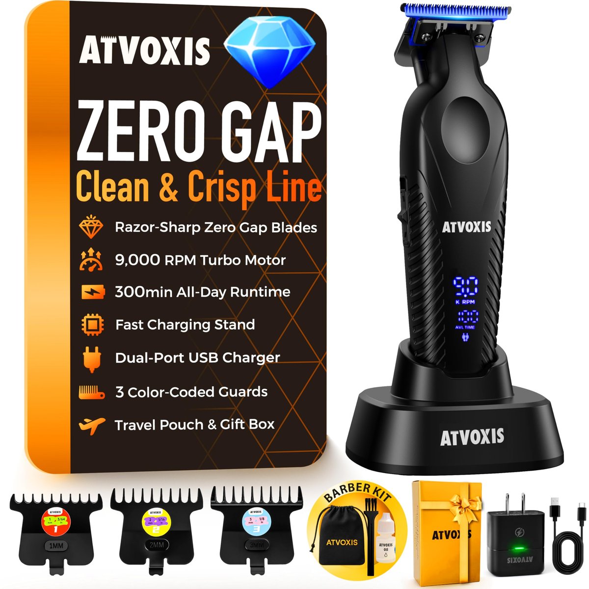 ATVOXIS Zero Gap 9,000 RPM Brushless Professional T Blade Trimmer for Men - Cordless Hair/Beard Clipper Edger Liner Outliner with LED Display, 300min Runtime, Fast Charging Stand & Travel Pouch Avelisse