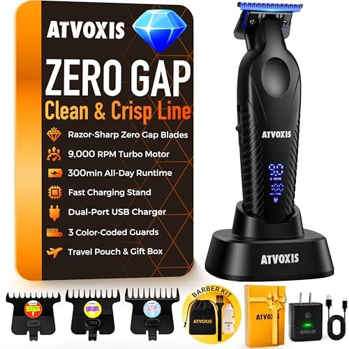 ATVOXIS Zero Gap 9,000 RPM Brushless Professional T Blade Trimmer for Men - Cordless Hair/Beard Clipper Edger Liner Outliner with LED Display, 300min Runtime, Fast Charging Stand & Travel Pouch Avelisse