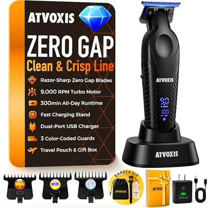 ATVOXIS Zero Gap 9,000 RPM Brushless Professional T Blade Trimmer for Men - Cordless Hair/Beard Clipper Edger Liner Outliner with LED Display, 300min Runtime, Fast Charging Stand & Travel Pouch Avelisse