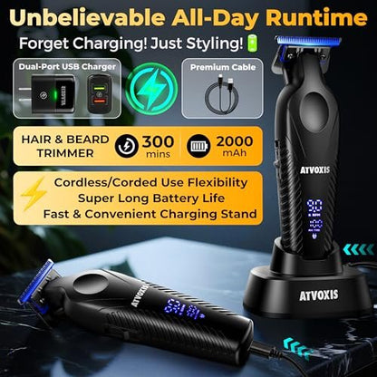 ATVOXIS Zero Gap 9,000 RPM Brushless Professional T Blade Trimmer for Men - Cordless Hair/Beard Clipper Edger Liner Outliner with LED Display, 300min Runtime, Fast Charging Stand & Travel Pouch Avelisse