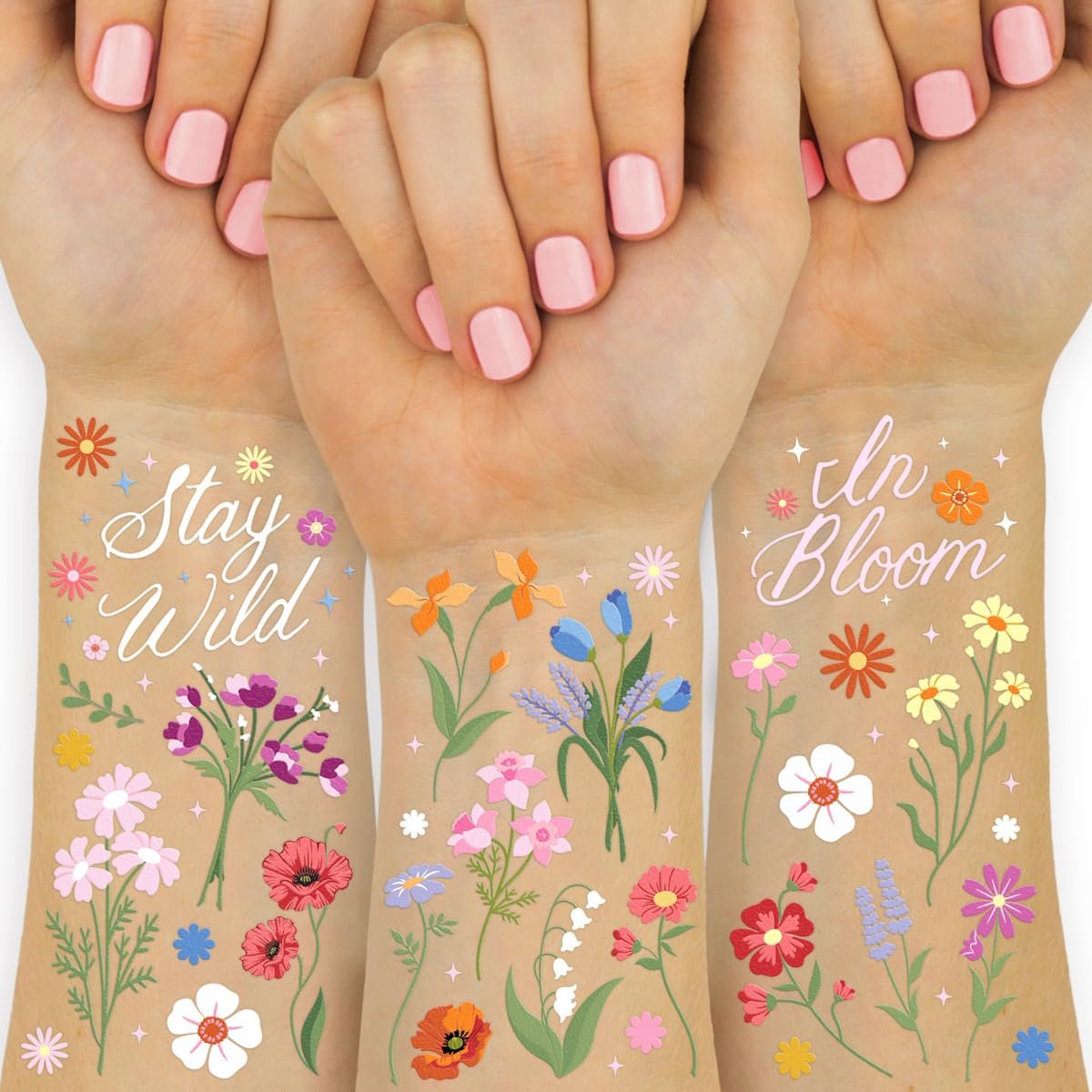 xo, Fetti Wildflower Garden Temporary Tattoos - 104 Pastel Floral Designs for Spring, Garden Party, Bridal Shower, Birthday Favors, Easter & Girly Fun - görsel 1