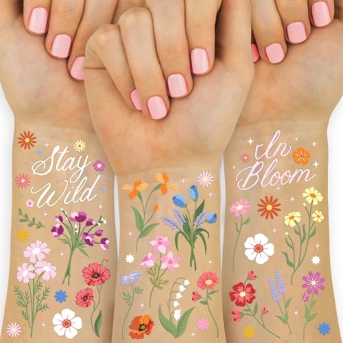 xo, Fetti Wildflower Garden Temporary Tattoos - 104 Pastel Floral Designs for Spring, Garden Party, Bridal Shower, Birthday Favors, Easter & Girly Fun - görsel 2