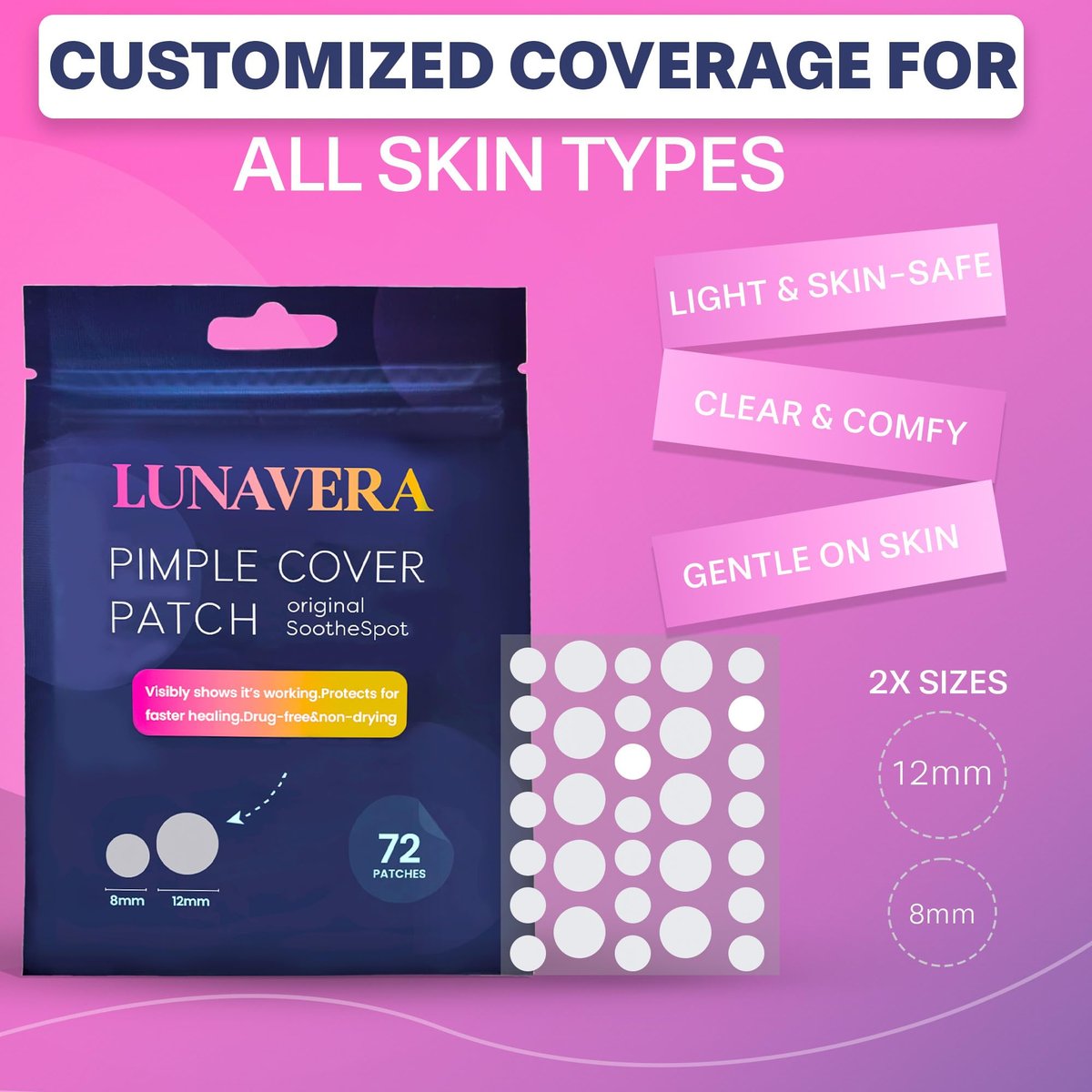 LUNAVERA Hydrocolloid Spot Cover Patches – 72 Count, 8mm & 12mm Thin Clear Face Stickers for Discreet Daily Wear - görsel 3