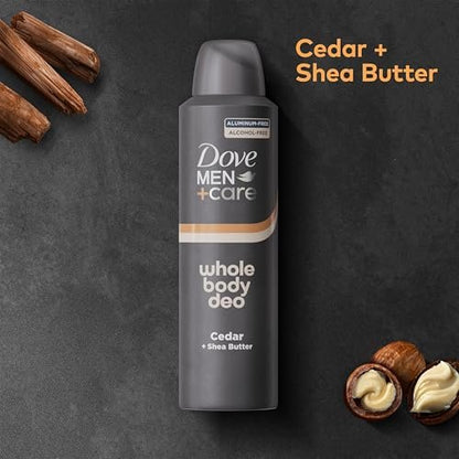 DOVE MEN + CARE Whole Body Deo Spray Cedar + Shea Butter – Aluminum-Free, Gentle Full-Body Odor Control, Dermatologist-Tested | 4 oz