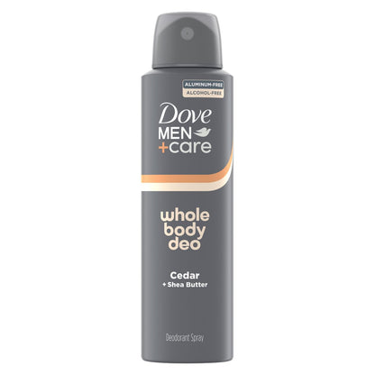 DOVE MEN + CARE Whole Body Deo Spray Cedar + Shea Butter – Aluminum-Free, Gentle Full-Body Odor Control, Dermatologist-Tested | 4 oz