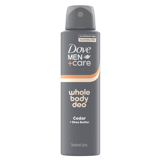 DOVE MEN + CARE Whole Body Deo Spray Cedar + Shea Butter – Aluminum-Free, Gentle Full-Body Odor Control, Dermatologist-Tested | 4 oz