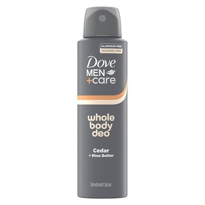 DOVE MEN + CARE Whole Body Deo Spray Cedar + Shea Butter – Aluminum-Free, Gentle Full-Body Odor Control, Dermatologist-Tested | 4 oz