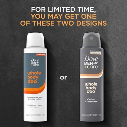 DOVE MEN + CARE Whole Body Deo Spray Cedar + Shea Butter – Aluminum-Free, Gentle Full-Body Odor Control, Dermatologist-Tested | 4 oz