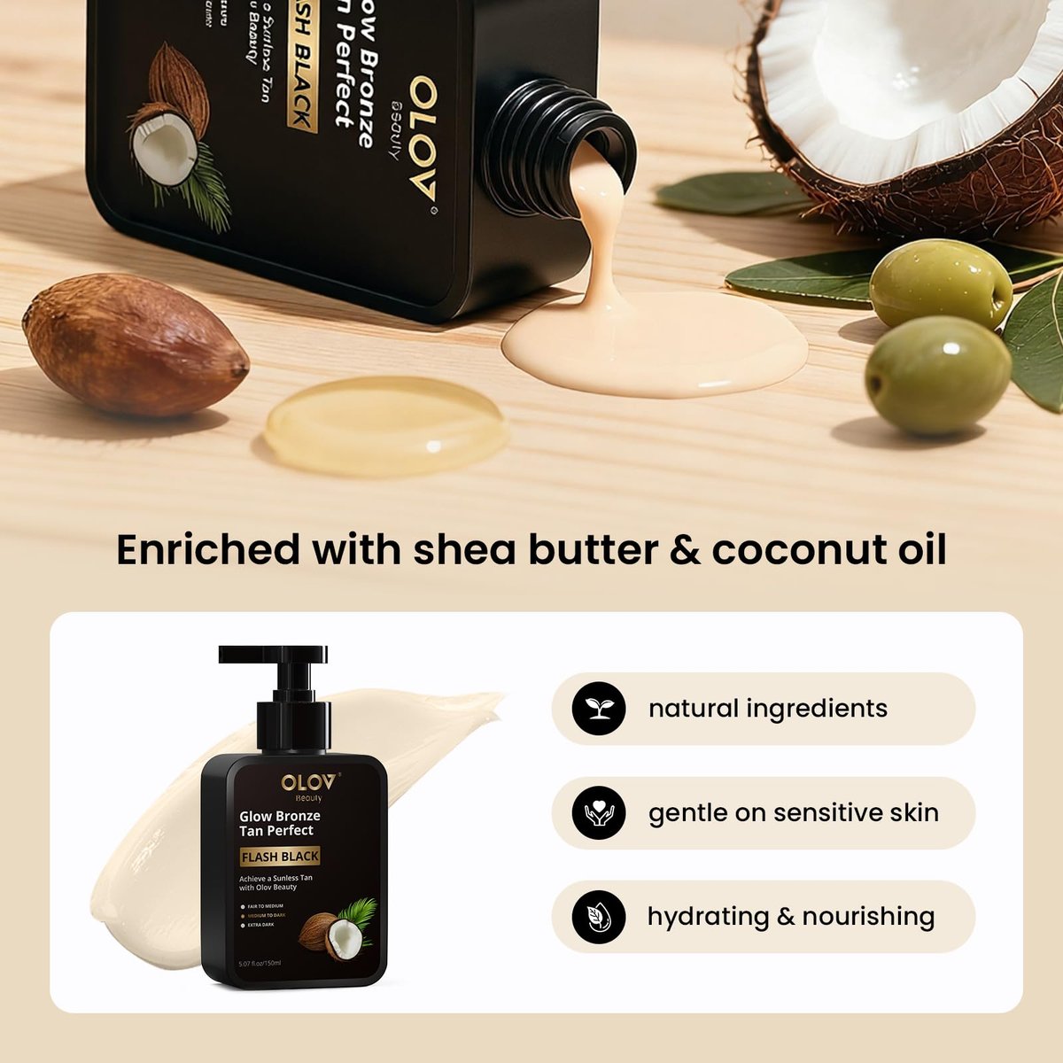 Olov Beauty Self Tanning Lotion - Natural Self Tanner with Shea Butter & Coconut Oil for Sensitive Skin, Customizable Medium to Dark Tan, Sunless & Moisturizing (5.07 fl oz) Avelisse