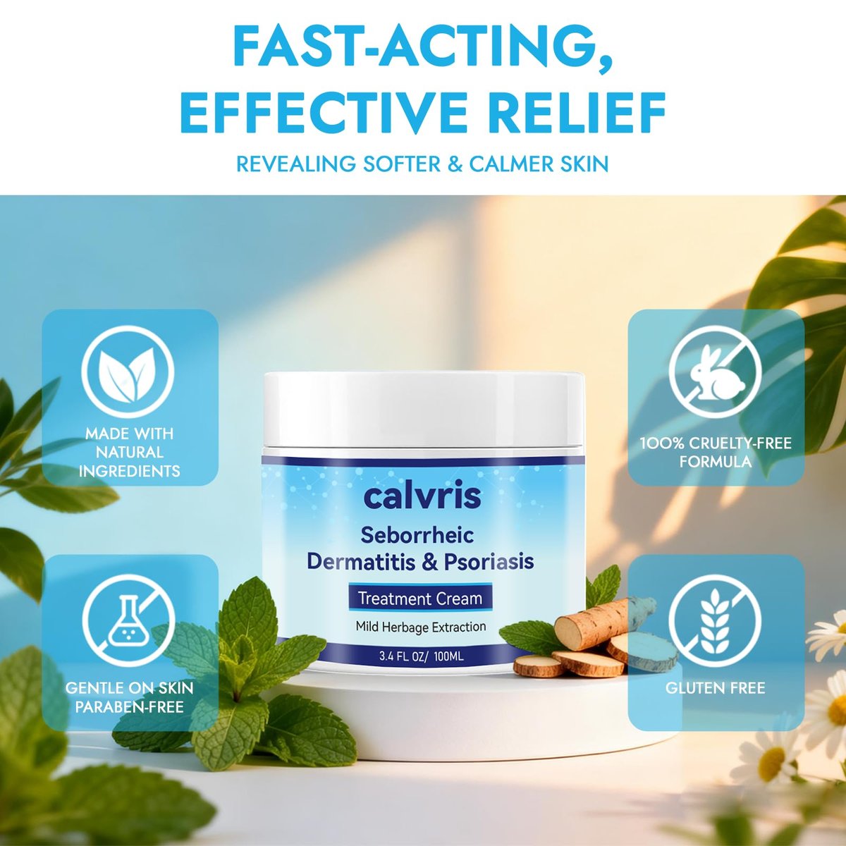 Calvris Scalp Comfort Balm - Steroid-Free Botanical Formula for Dry, Itchy Scalp & Skin, 3.4 Fl Oz | Natural Soothing Relief with Cooling Sensation Avelisse