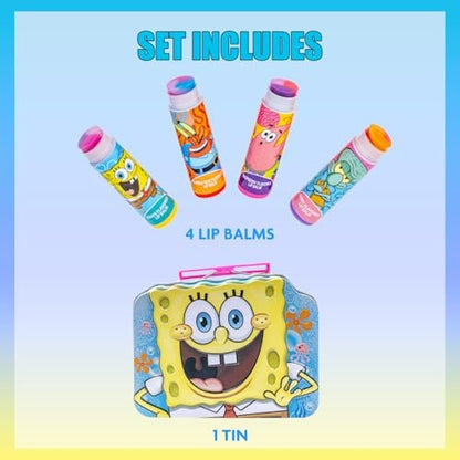 SpongeBob SquarePants 4-Pack Plant-Based Fruity Scented Lip Balm & 1 Tin - Colorful Hydrating Moisturizer Swirl Lip Balm Set for Kids by Townley Girl
