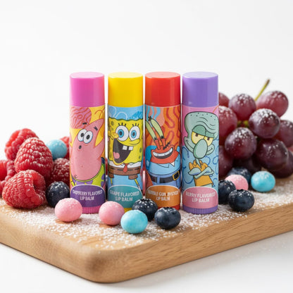 SpongeBob SquarePants 4-Pack Plant-Based Fruity Scented Lip Balm & 1 Tin - Colorful Hydrating Moisturizer Swirl Lip Balm Set for Kids by Townley Girl