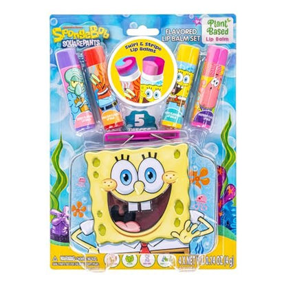 SpongeBob SquarePants 4-Pack Plant-Based Fruity Scented Lip Balm & 1 Tin - Colorful Hydrating Moisturizer Swirl Lip Balm Set for Kids by Townley Girl