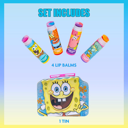 SpongeBob SquarePants 4-Pack Plant-Based Fruity Scented Lip Balm & 1 Tin - Colorful Hydrating Moisturizer Swirl Lip Balm Set for Kids by Townley Girl