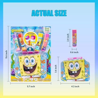SpongeBob SquarePants 4-Pack Plant-Based Fruity Scented Lip Balm & 1 Tin - Colorful Hydrating Moisturizer Swirl Lip Balm Set for Kids by Townley Girl