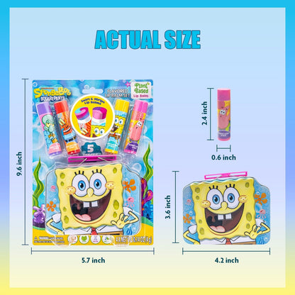 SpongeBob SquarePants 4-Pack Plant-Based Fruity Scented Lip Balm & 1 Tin - Colorful Hydrating Moisturizer Swirl Lip Balm Set for Kids by Townley Girl