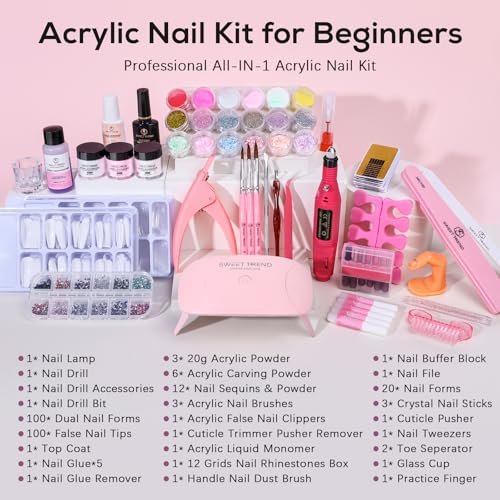 SWEET TREND Acrylic Nail Kit for Beginners: Professional Acrylic Powder Set with U V Light Nail Drill and Liquid - Full Tools Decoration Tech Gifts for Home Salon Women Avelisse