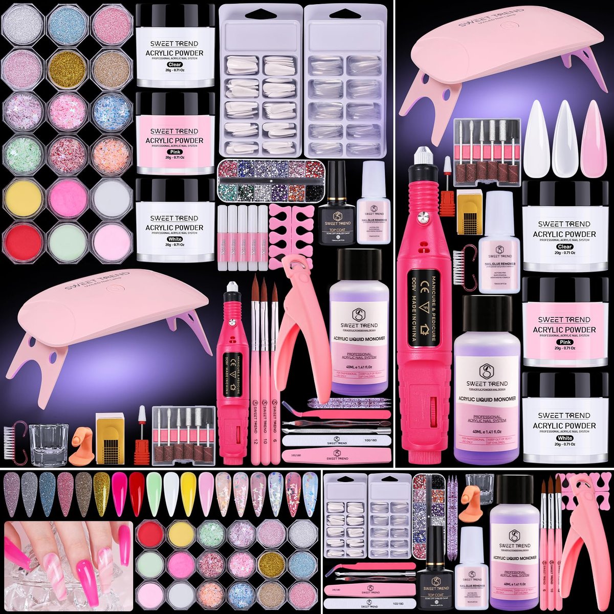 SWEET TREND Acrylic Nail Kit for Beginners: Professional Acrylic Powder Set with U V Light Nail Drill and Liquid - Full Tools Decoration Tech Gifts for Home Salon Women Avelisse