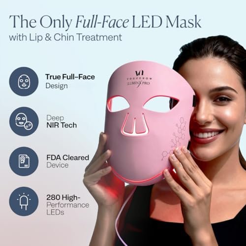 VogueNow LED Light Therapy Mask - FDA-Cleared Red, Blue & Near Infrared Light for Wrinkles & Acne - Full Face Coverage with Chin & Lip - LuminX Pro (Light Pink) Avelisse
