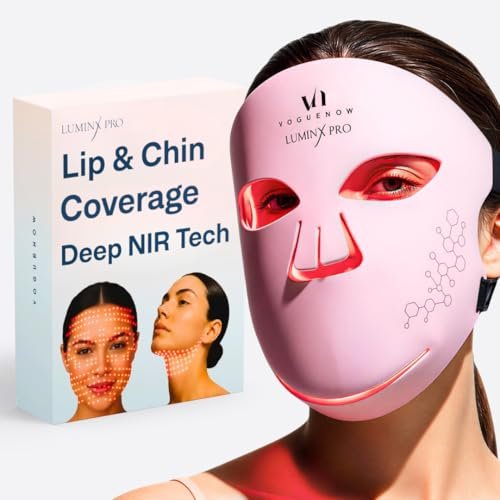 VogueNow LED Light Therapy Mask - FDA-Cleared Red, Blue & Near Infrared Light for Wrinkles & Acne - Full Face Coverage with Chin & Lip - LuminX Pro (Light Pink) Avelisse