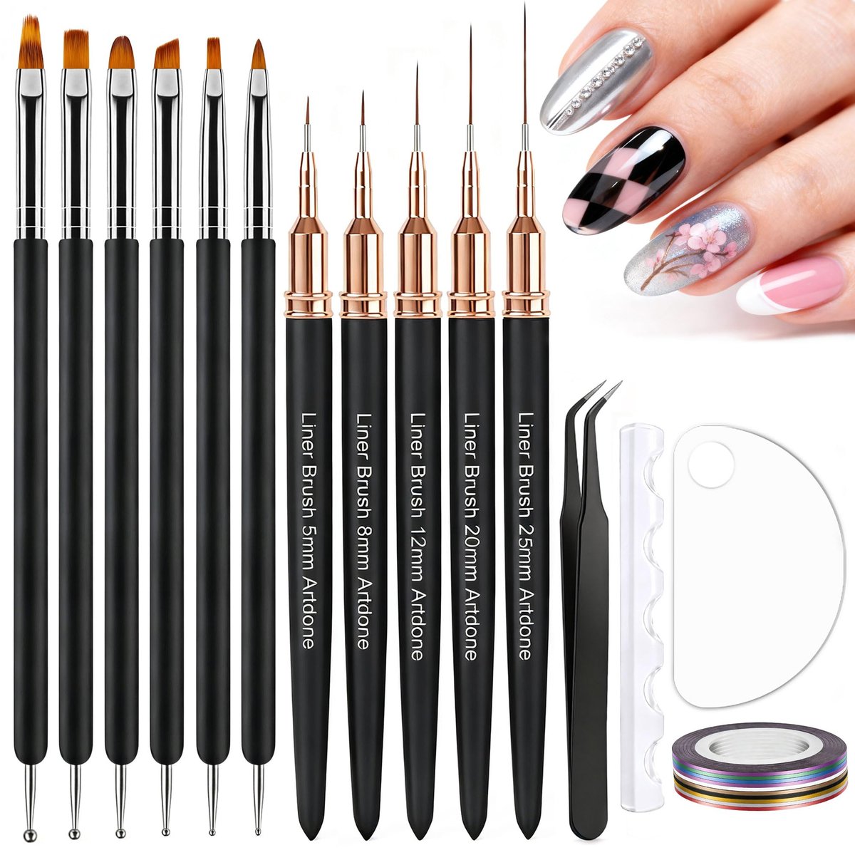 Artdone Nail Striping Tape Lines Kit with Nail Art Pens, Dotting Tools, and Liner Brushes for Gel Polish – Small Detail Drawing Design Paint - görsel 1