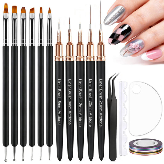 Artdone Nail Striping Tape Lines Kit with Nail Art Pens, Dotting Tools, and Liner Brushes for Gel Polish – Small Detail Drawing Design Paint