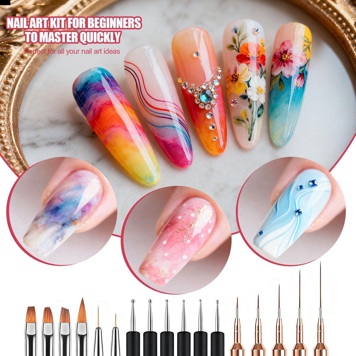 Artdone Nail Striping Tape Lines Kit with Nail Art Pens, Dotting Tools, and Liner Brushes for Gel Polish – Small Detail Drawing Design Paint - görsel 9