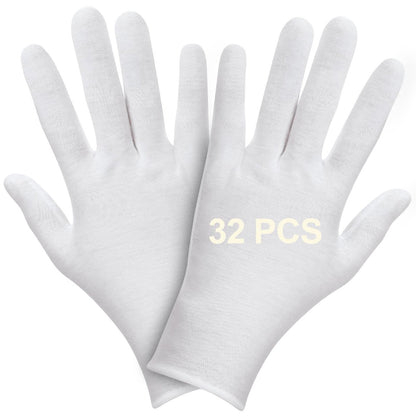 FOTKYXH 32-Pack (16 Pairs) Thin White Gloves for Dry Hands Sleeping - Breathable Cotton-Like Polyester with Elastic Cuff for Overnight Moisturizing, Eczema, Spa, Work, Inspection